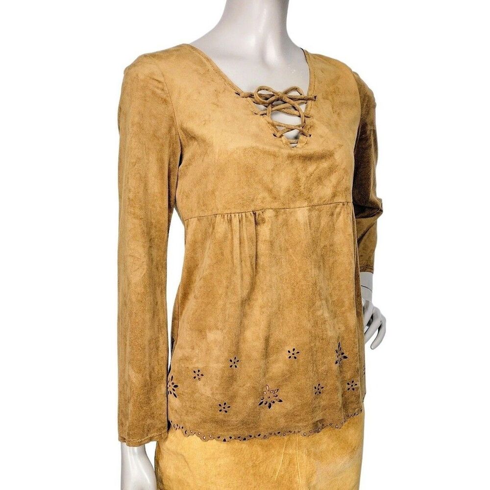 Vintage 90s Y2K Boho Western Festival Faux Suede Fall Eyelet Lace-Up Shirt